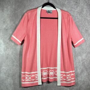 Vintage Mita‎ Cardigan Sweater Womens 12 Pink White Knit Short Sleeve Open Front